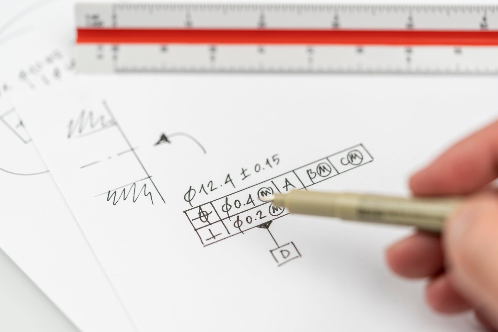 colored ruler with working paper close up view macro photography